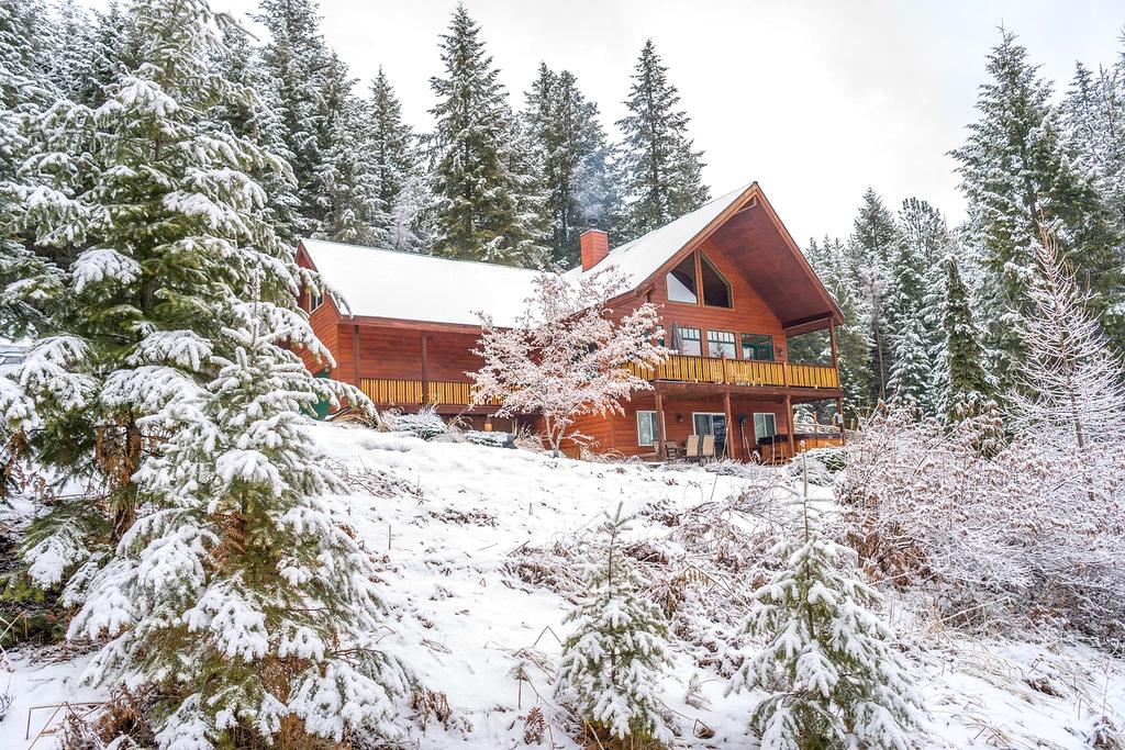 Snowy mountain cabin in winter